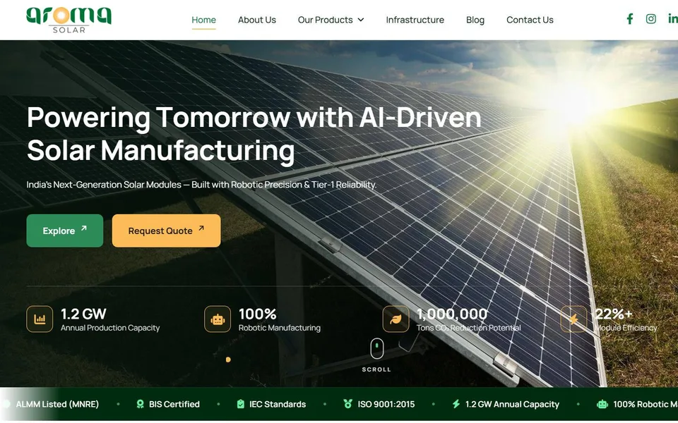 Screenshot of the Aroma Solar website